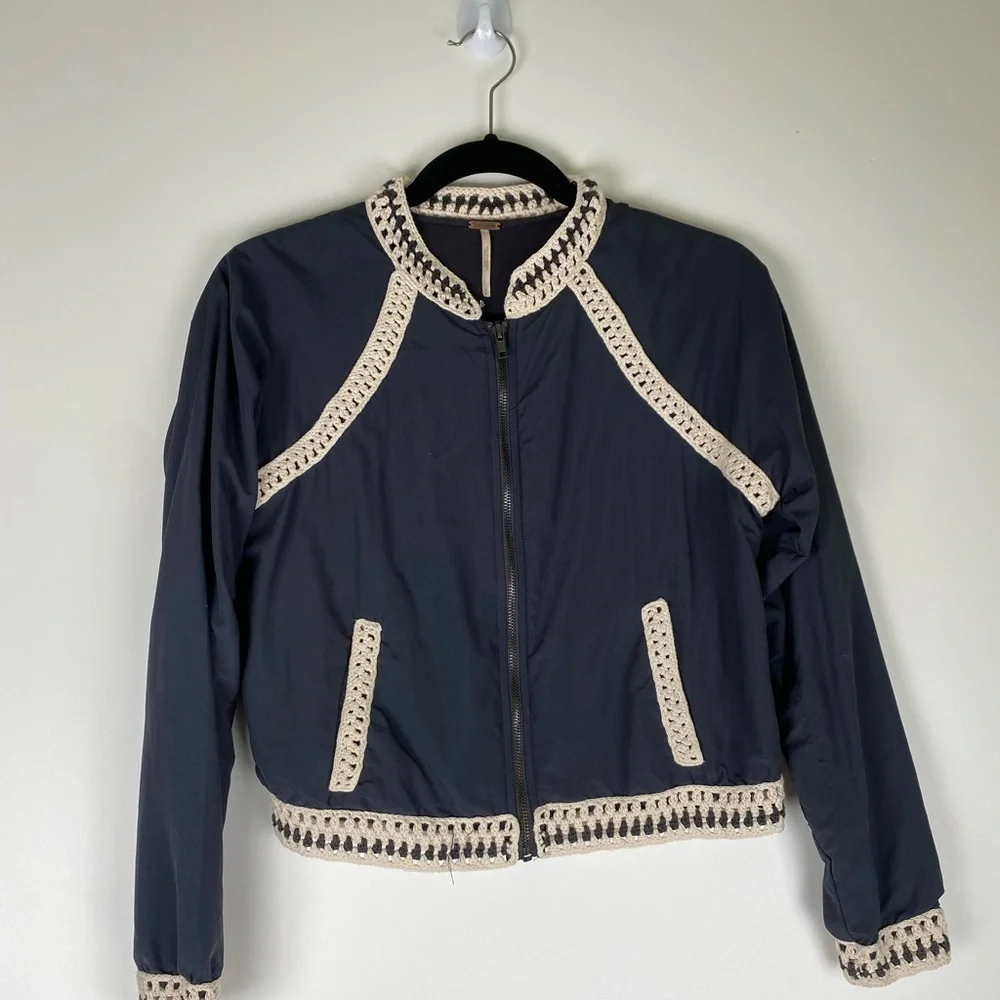 Free People Crochet Trim Baseball Bomber Jacket L